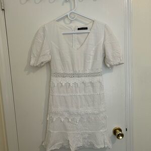 Eyelet Lace-Trim White Midi Dress with Puff Sleeves